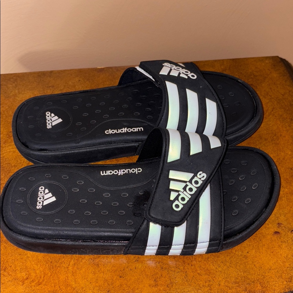 Adidas Black and White Striped Slides - Picture 2 of 5